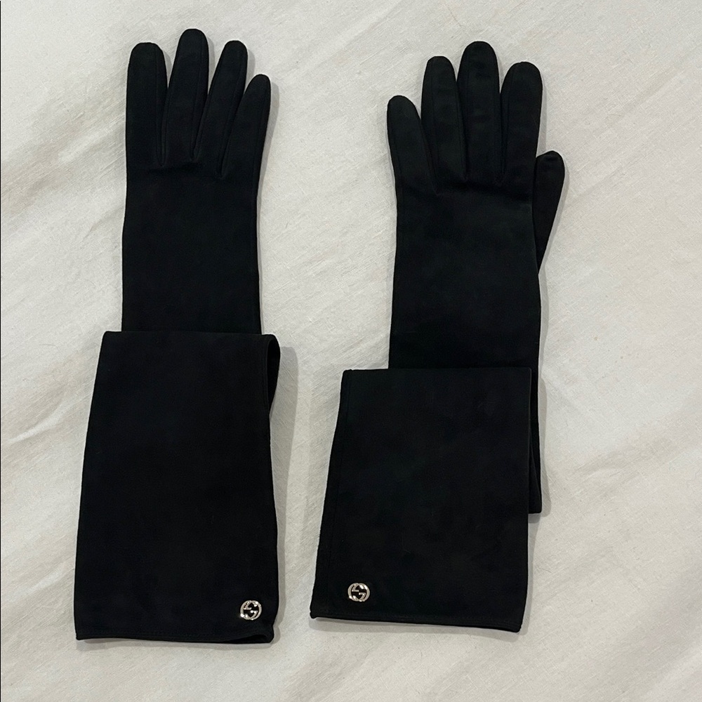 Gucci Black Lamb Suede Gloves with Gold GG Accent